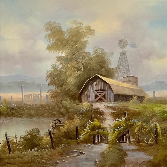 Vintage Realism Oil Painting, Barn Farmhouse Windmill  at the Lake with Trees - Picture 1 of 11